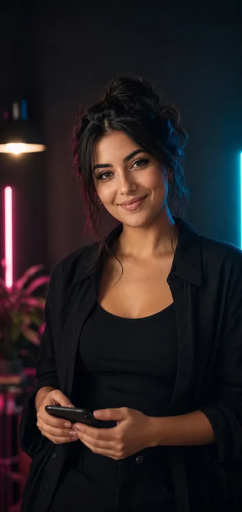 Confident creator holding a smartphone in a studio